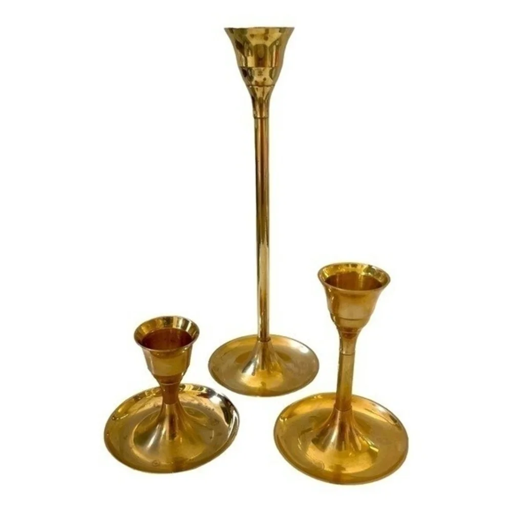 Brass Gold Tone Candlestick Set 3 Piece India Tableware Candle Holders VG